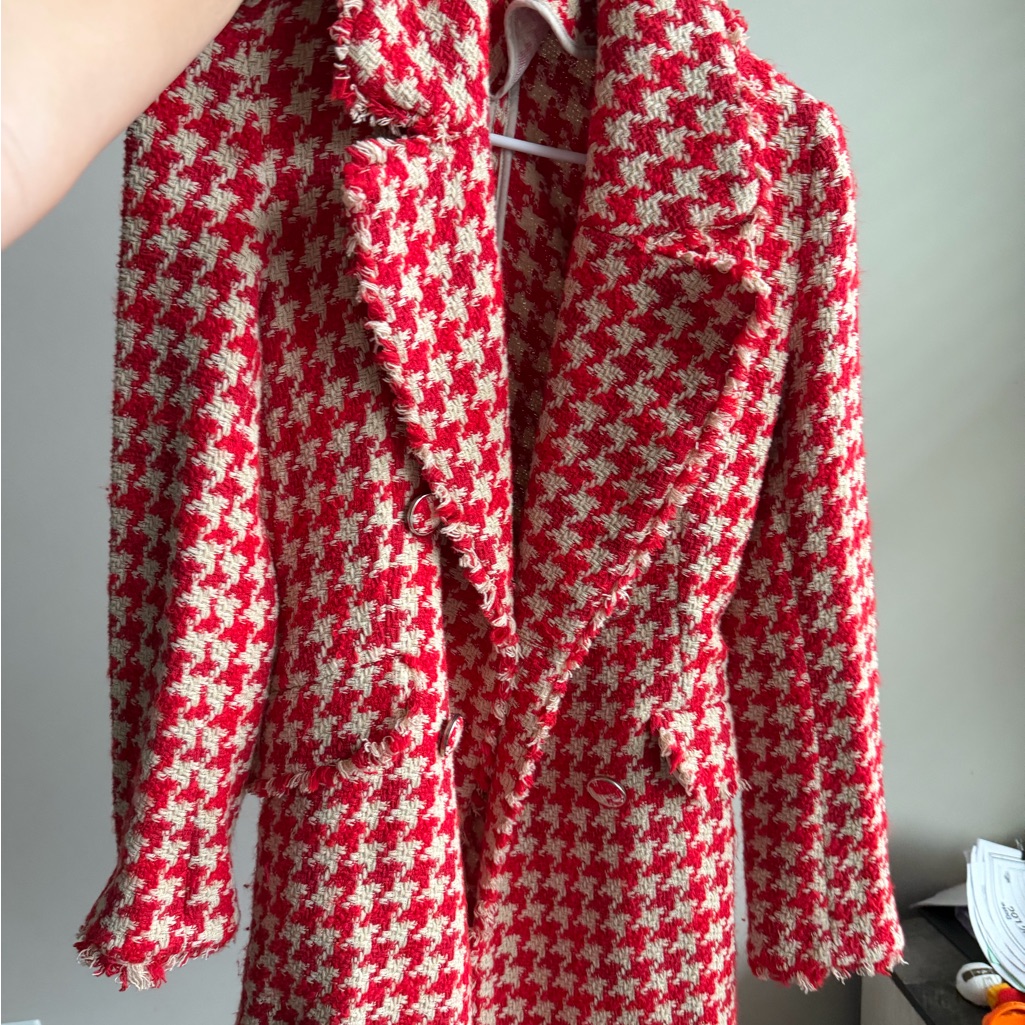 Zara Red And Cream Houndstooth Blazer